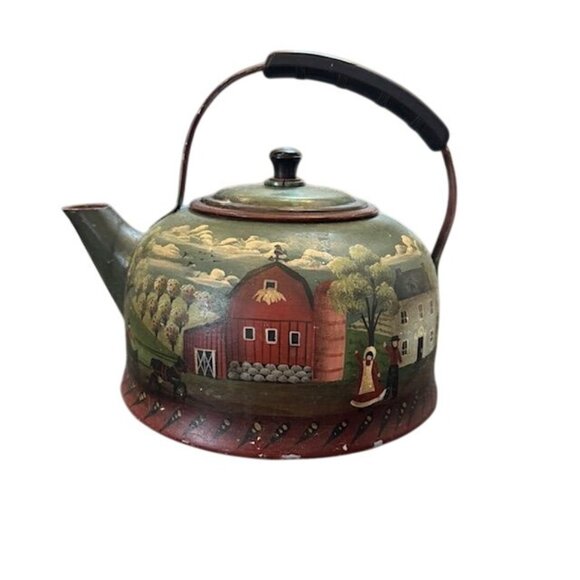 Vintage Hand-Painted Metal Teapot With Farmhouse Scene & Black Handle - Picture 1 of 8